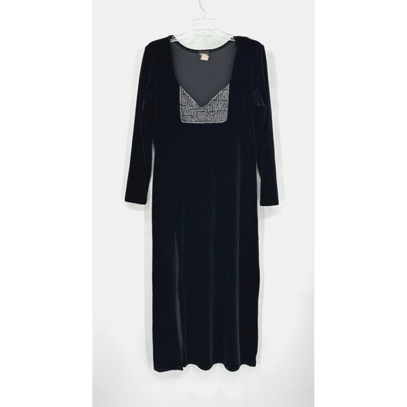 vintage 90s VELVET MIDI DRESS emo goth thigh high slit Y2K retro lbd black M - Picture 2 of 8
